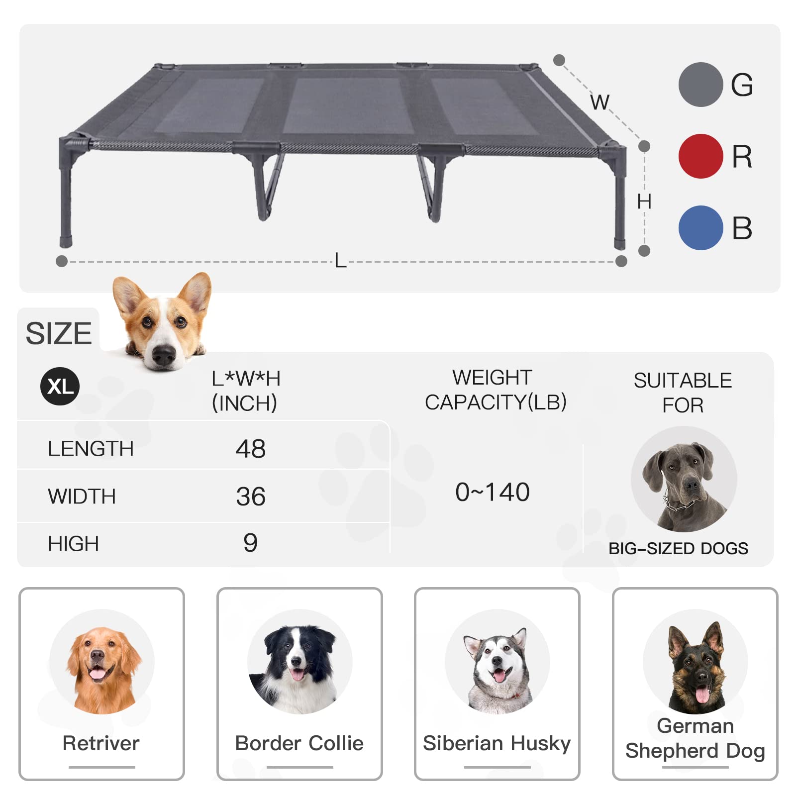 Suddus Elevated Dog Bed Waterproof Outdoor, Portable Raised Dog Bed, Dog Bed Off The Floor, Dog Bed Easy Clean Indoor Or Outdoor Use, X-Large, Grey