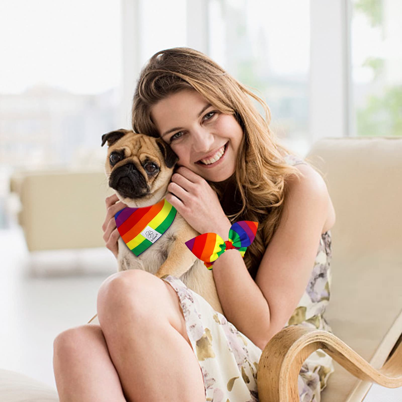 E-Clover Pride Dog Bandanas & Matching Scrunchie Set Rainbow Dog Bandana Scarf With Hair Tie For Medium Large Dogs Pet Owner Mom