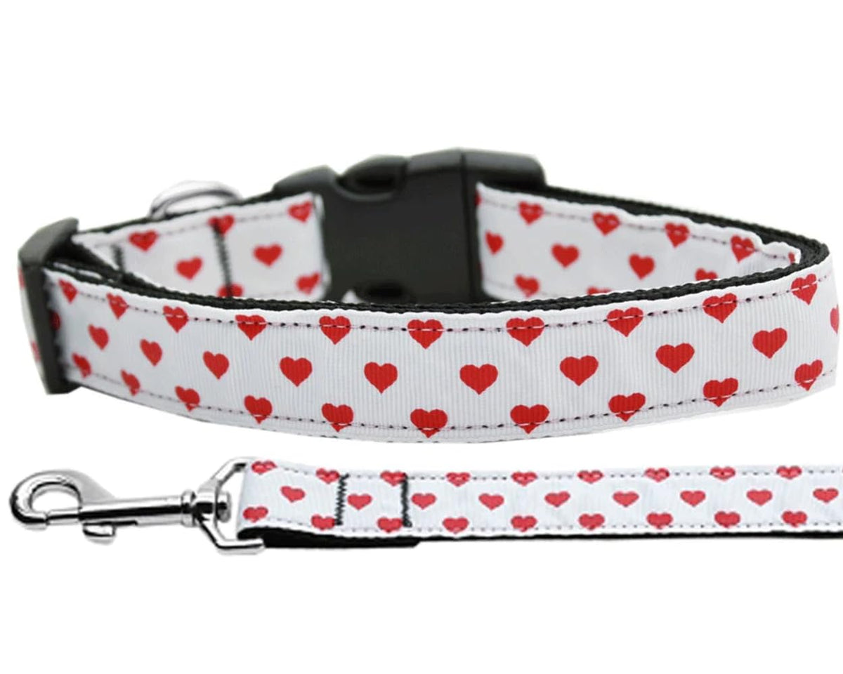 Pet Dog & Cat Nylon Collar or Leash, &quot;White and Red Dotty Hearts&quot; MD Collar