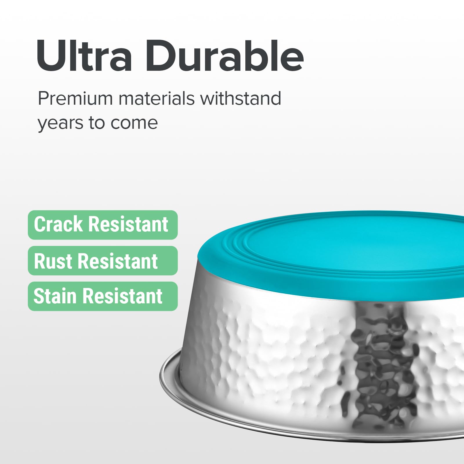 Urbuddies 2 Pack Hammered Stainless Steel Dog Bowls, 11 Cup, Turquoise Bottom