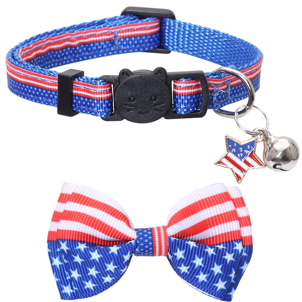American Flag Cat Collar With Bell Bow Tie Star Breakaway Adjustable For 4Th Of July Independence Day