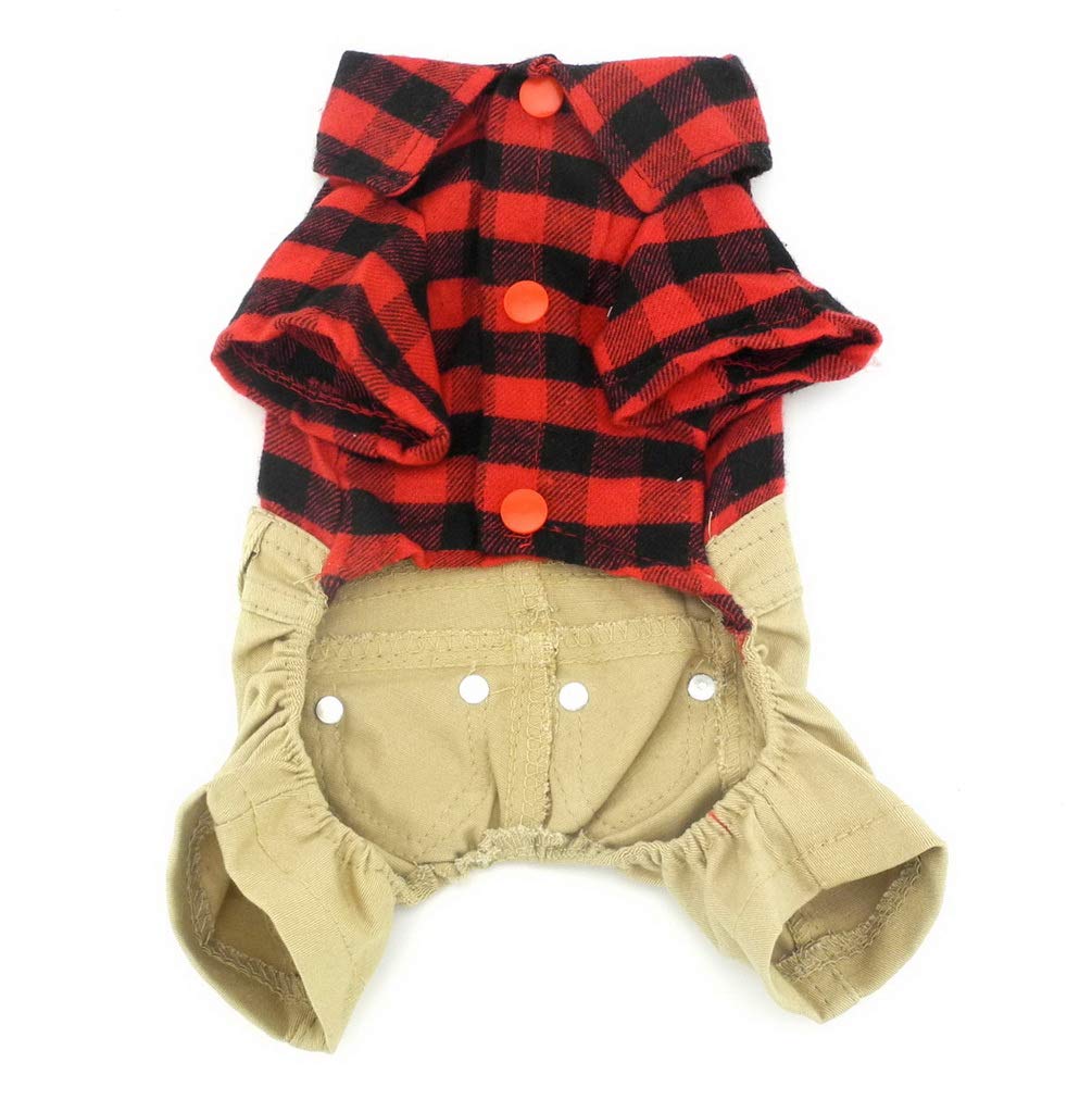 Smalllee_Lucky_Store Pet Clothes For Small Dog Cat Red Plaid Shirts Sweater With Khaki Overalls Pants Jumpsuit Outfits L