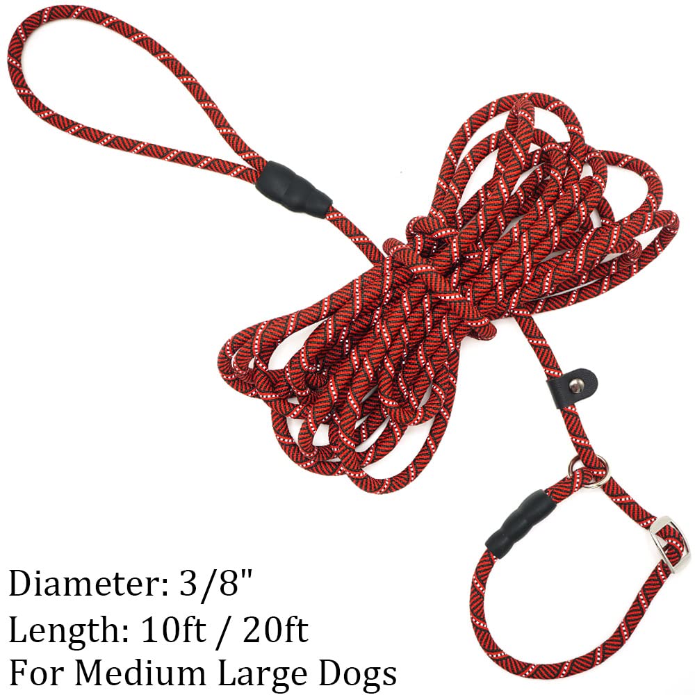 Yucforen 10Ft / 20Ft Long Slip Lead Dog Leash, 3/8' Thick Nylon Reflective Rope Anti-Choke Training Lead For Medium Large Dogs (20Ft * 3/8', Red)