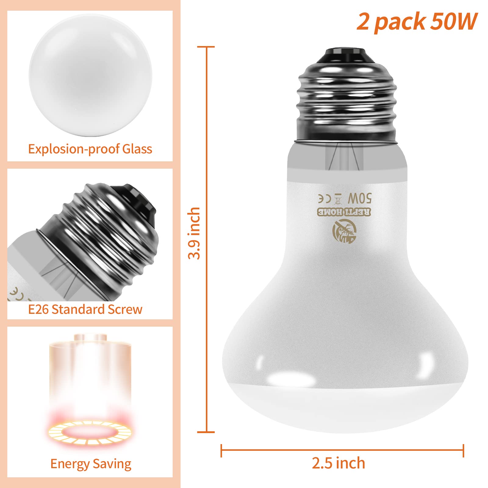 Repti Home Reptile Heat Lamp Bulbs (New Upgraded, Safer, 50W 2 Pack), Reptiles & Amphibians Uva Basking Spot Lamp Bulb, Reptile Daylight Heat Bulb For Bearded Dragon, Lizard, Turtle