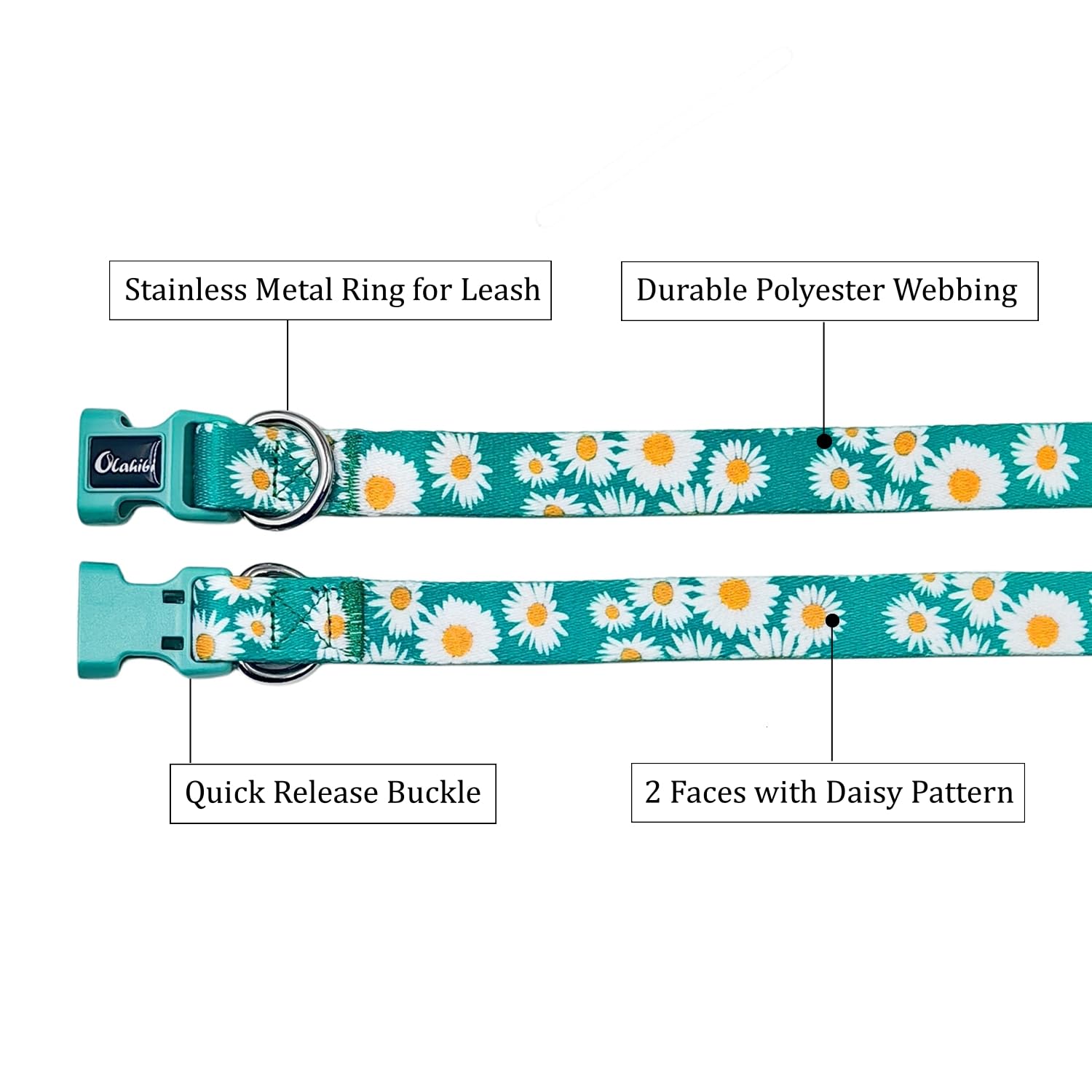 Olahibi Dog Collar And Leash Set, Cute Daisy Pattern, Polyester Material, 5Ft Leash, For Medium Dogs.(Medium,Green Daisy)