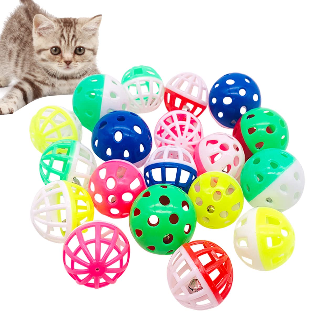 PET SHOW 20Pcs Cat Toy Balls with Bell Inside 1.57  1.4  Plastic Kitten Chase Toys Jingle Bell Ball for Cat Indoor Training