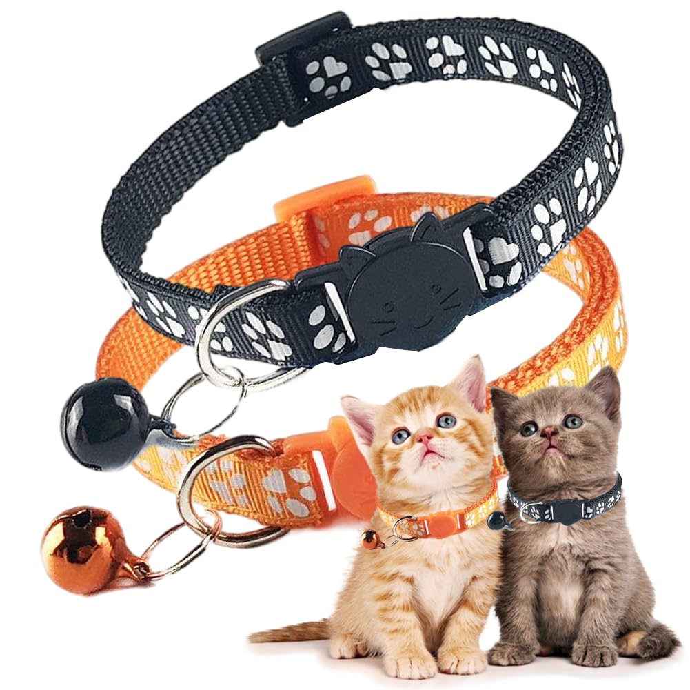 Orange Breakaway Kitten Collar With Bells, 2 Pack Break Away Cat Collar With Bells, Cat Collar For Girl Cats Boy Kitty