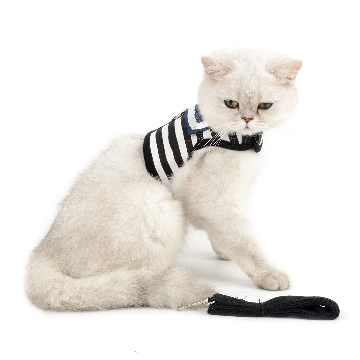 Smalllee_Lucky_Store Soft Mesh Sailor Harness For Cat And Small Dogs, Pet Navy Striped Walking Vest Puppy Padded Harnesses Leash Set Adjustable Black S