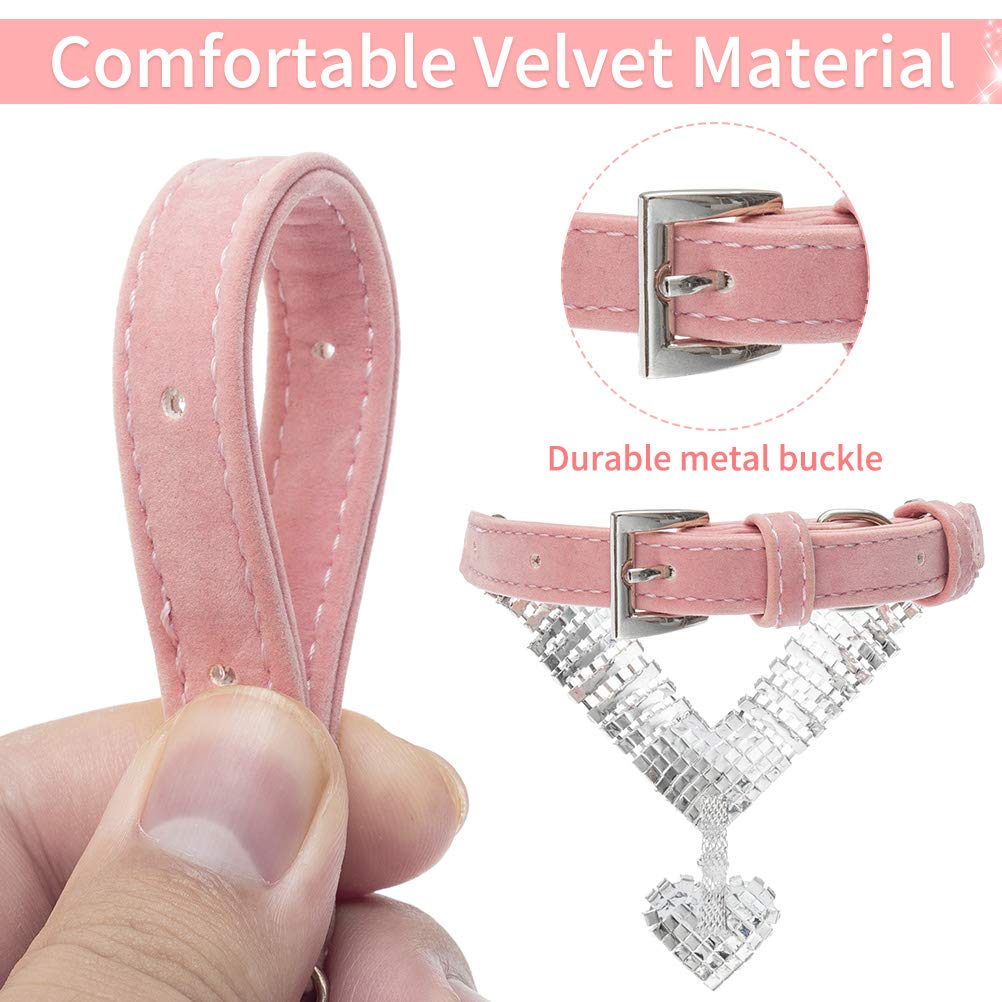 Expawlorer Cute Dog Necklace - Rhinestone Dog Collar, Soft Velvet Collar For Girl Boy Cats Dogs, Sparkling Pet Neck Decoration, Adjustable Pet Collar For Puppies Cats Small Medium Dogs, Pink Xs