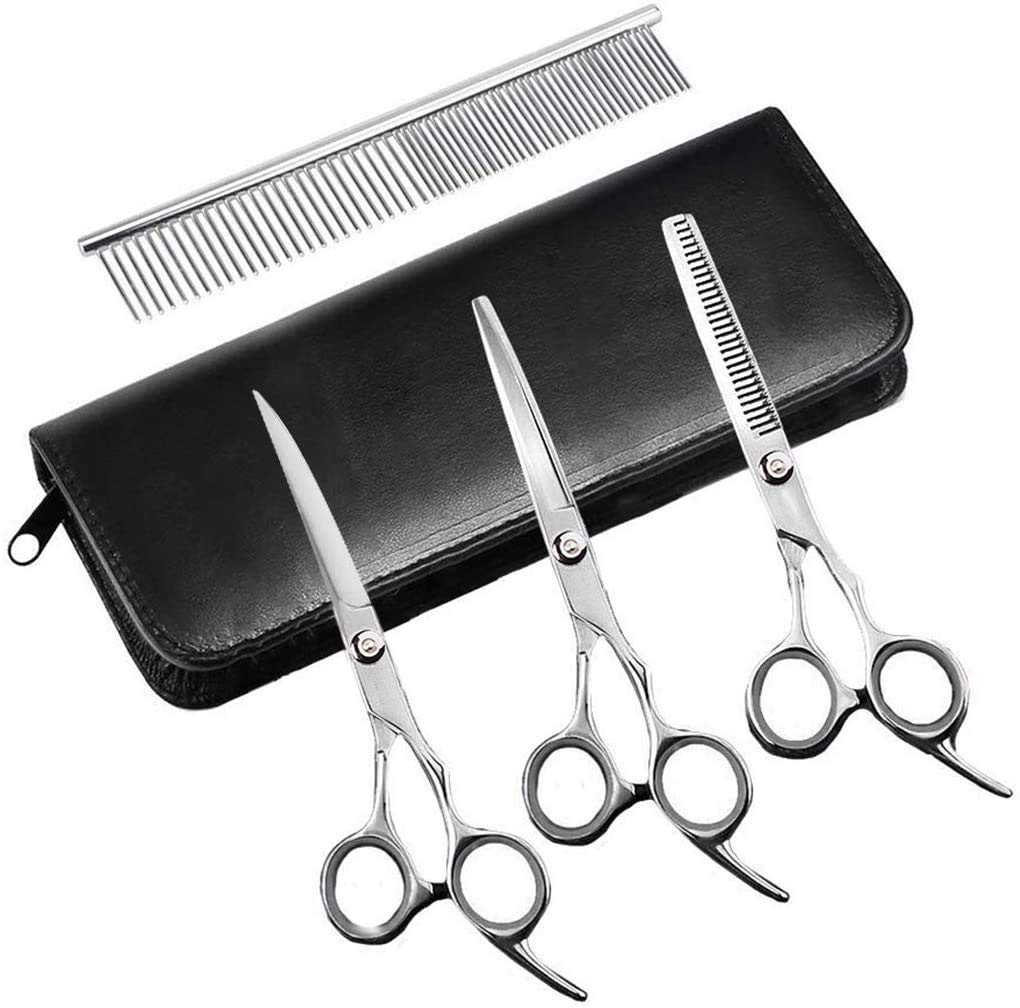 Dog Grooming Scissors,Pet Grooming Scissors With Thinning,Straight,Curved Down Shears Great For Groomers,Home Grooming And Groomer Beginners (Scissors Kit With Tapered Tips)