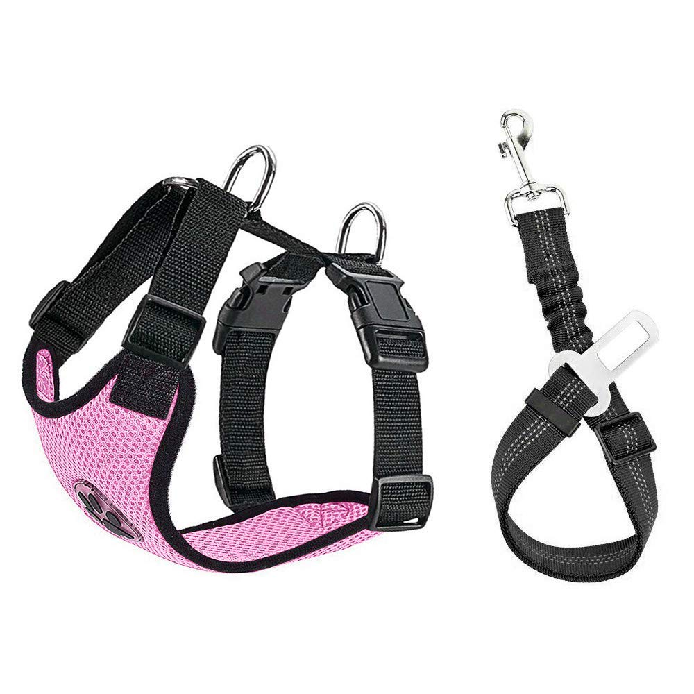 Slowton Dog Car Harness Seatbelt Set, Dog Vest Harness Adjustable Mesh Breathable & Vehicle Safety Seat Belt Tether With Elastic Bungee For Small Medium Large Pets(Pi,Xxxs)