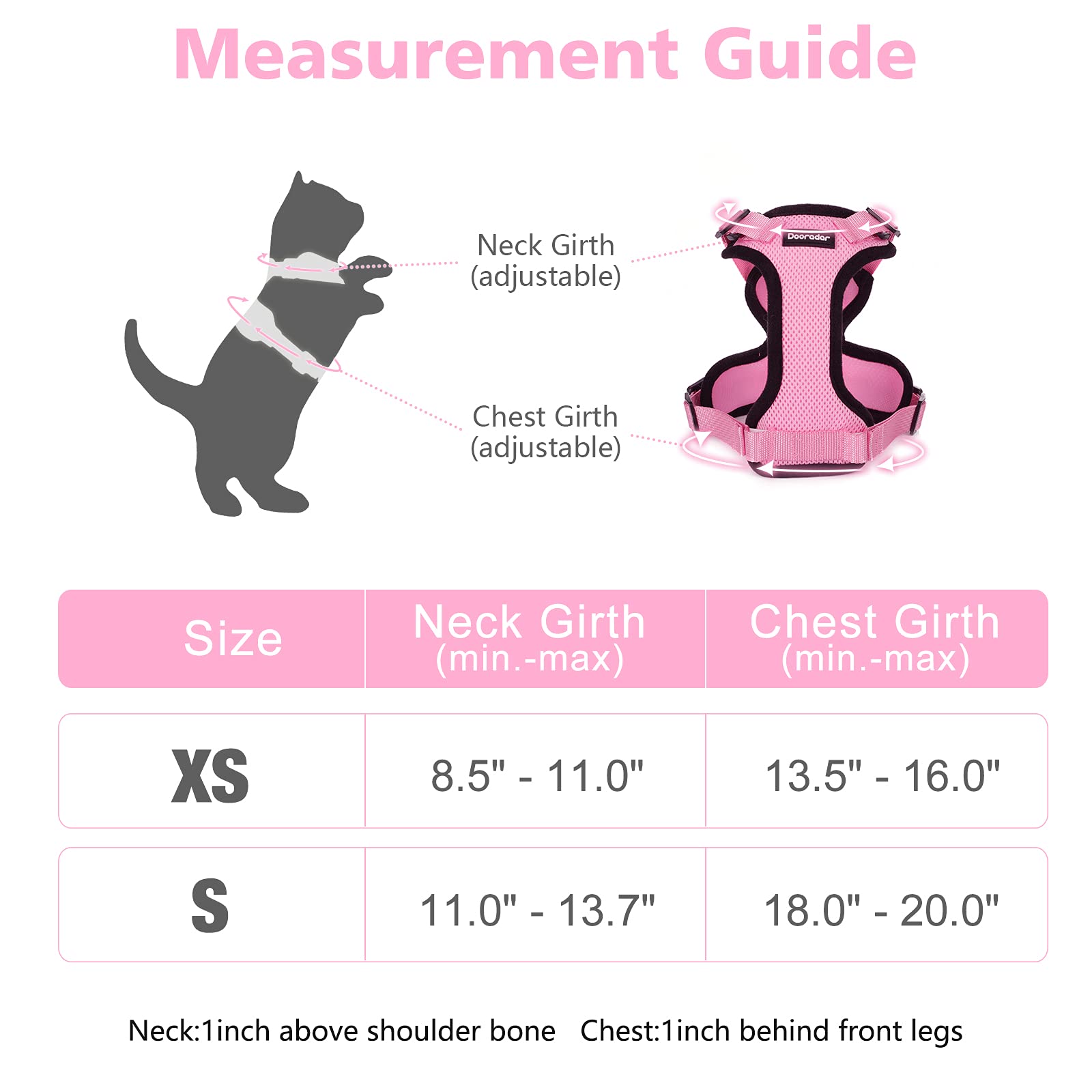 Dooradar Cat Harness and Leash Set, Adjustable Pink XS Vest, Soft Mesh, Escape Proof, Reflective Strips, Model YXMJTZ02XSPK20CW