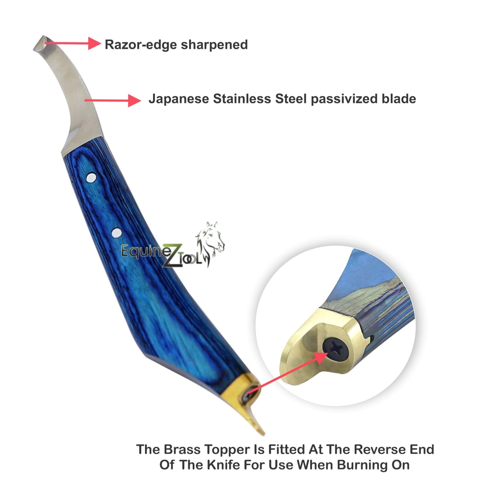 Equinez Tools Farrier Hoof Knife Blue Handle With Brass Horseshoeing Topper - Right Handed