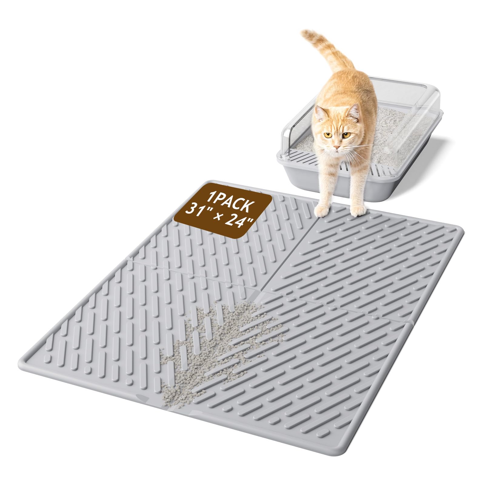 Kaxionage Cat Litter Mat With Grooves & Raised Edge,Urineproof/Waterproof,Litter Scattering Control,Easy To Clean (31 * 24In-Gre