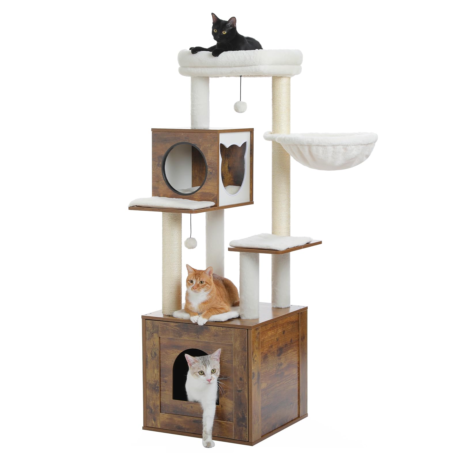 Miomum Tall Cat Tree With Litter Box Enclosure 57.5' Wooden Cat Tower For Large Cats With Cat Hammock House Bed (Wood Walnut)