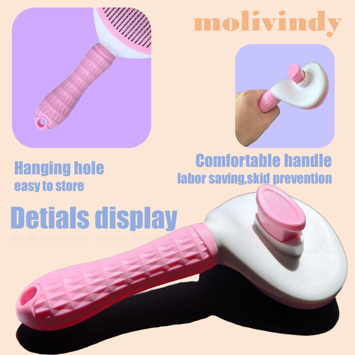 Molivindy Self Cleaning Slicker Brush,Dog Brush With Massage Particles,Removes Loose Hair & Tangles,Skin Friendly & Promote Circ