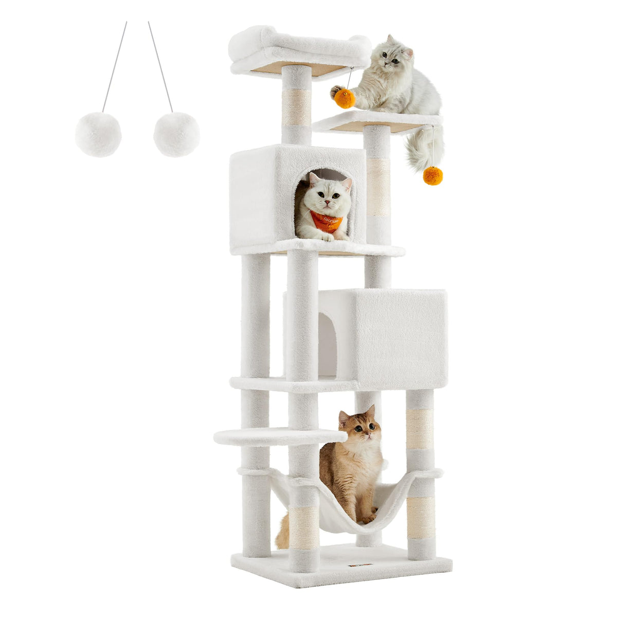 Feandrea Cat Tree, 61-Inch Cat Tower For Indoor Cats, Plush Multi-Level Cat Condo With 5 Scratching Posts, 2 Perches, 2 Caves, Hammock, 2 Pompoms, Cream White Upct192T01