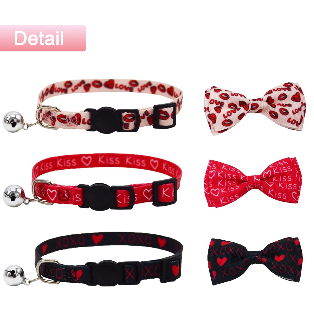 3Pcs Valentines Day Cat Collar With Bow Tie And Bell Heart Love Red Lips Kiss Xoxo Pattern For Small Medium Large Kitten Black P