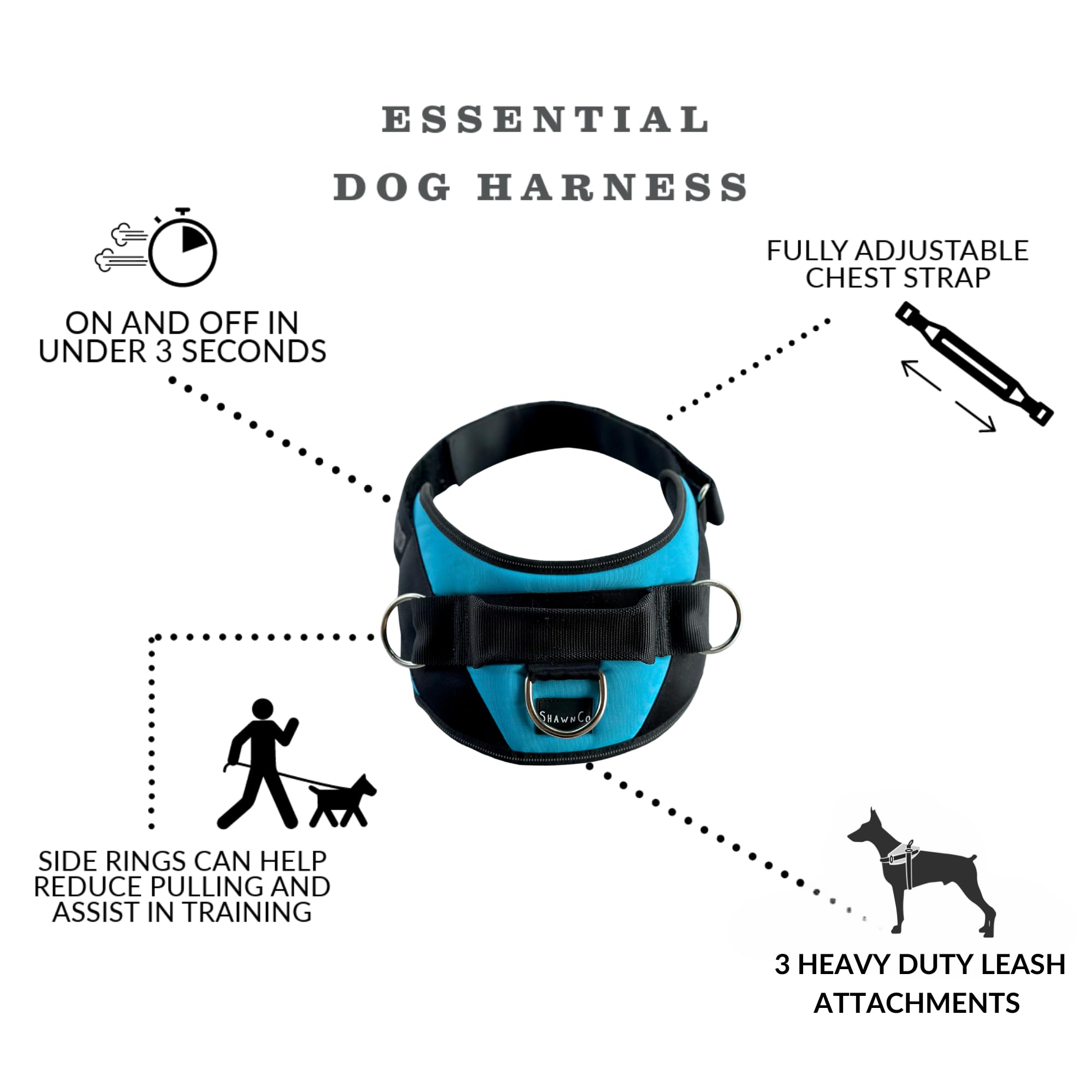 ShawnCo Essential Dog Harness, No-Pull Pet Vest with 3 Leash Clips, No Choke, Reflective, Adjustable and Padded, for Easy Walkin