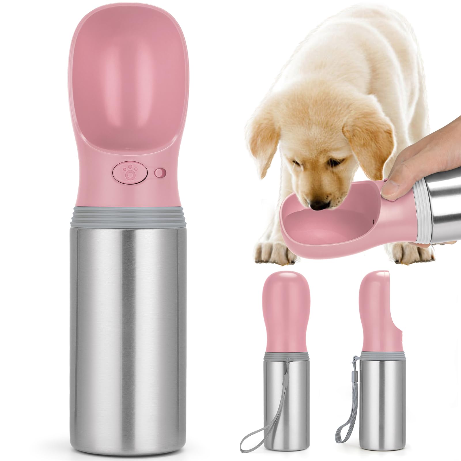 Portable Dog Water Bottle, 14 OZ, Stainless Steel Leak Proof Puppy Water Dispenser with Drinking Feeder for Pets Travel, Walking