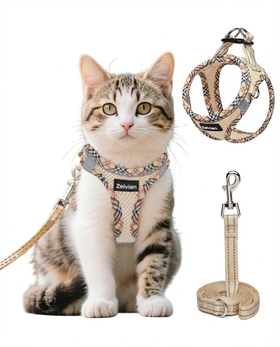 Zelvian Cat Harness and Leash Set for Walking, Escape Proof Adjustable Soft Mesh Kitten Harness with Reflective Strips, Breathab