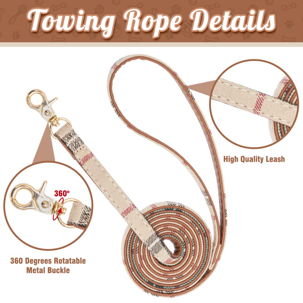 Expawlorer Dog Leash Set - Classic Plaid Dog Bow Tie And Dog Bandana Collar With Bell, Tangle Free, Adjustable Collars For Small