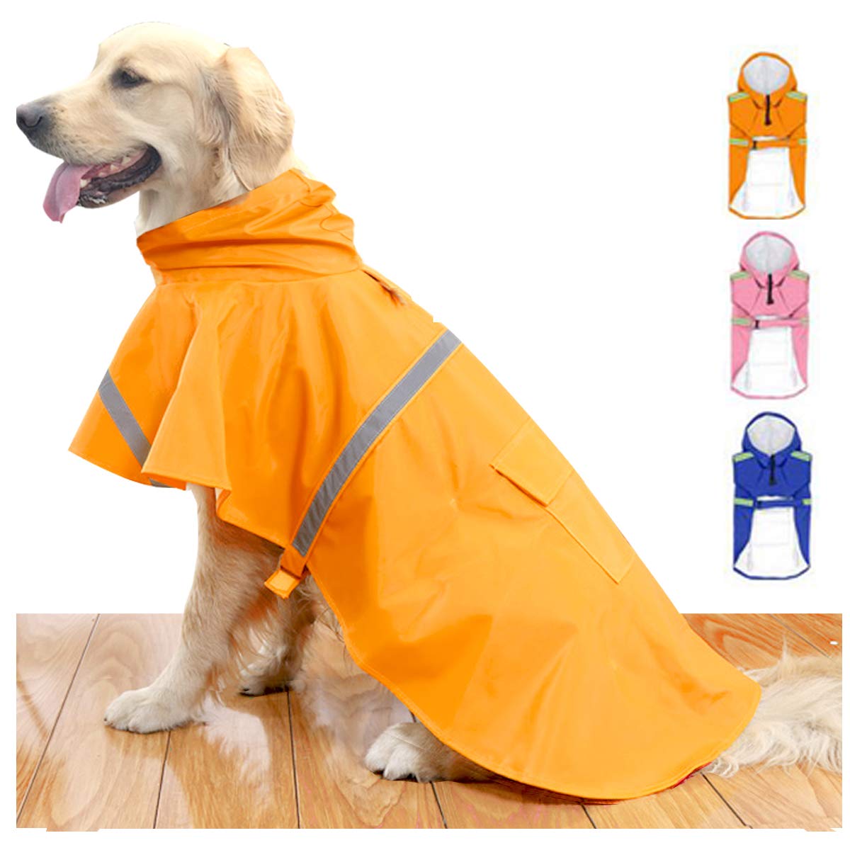 Hapee Dog Raincoats For Large Dogs With Reflective Strip Hoodie,Rain Poncho Jacket For Dogs