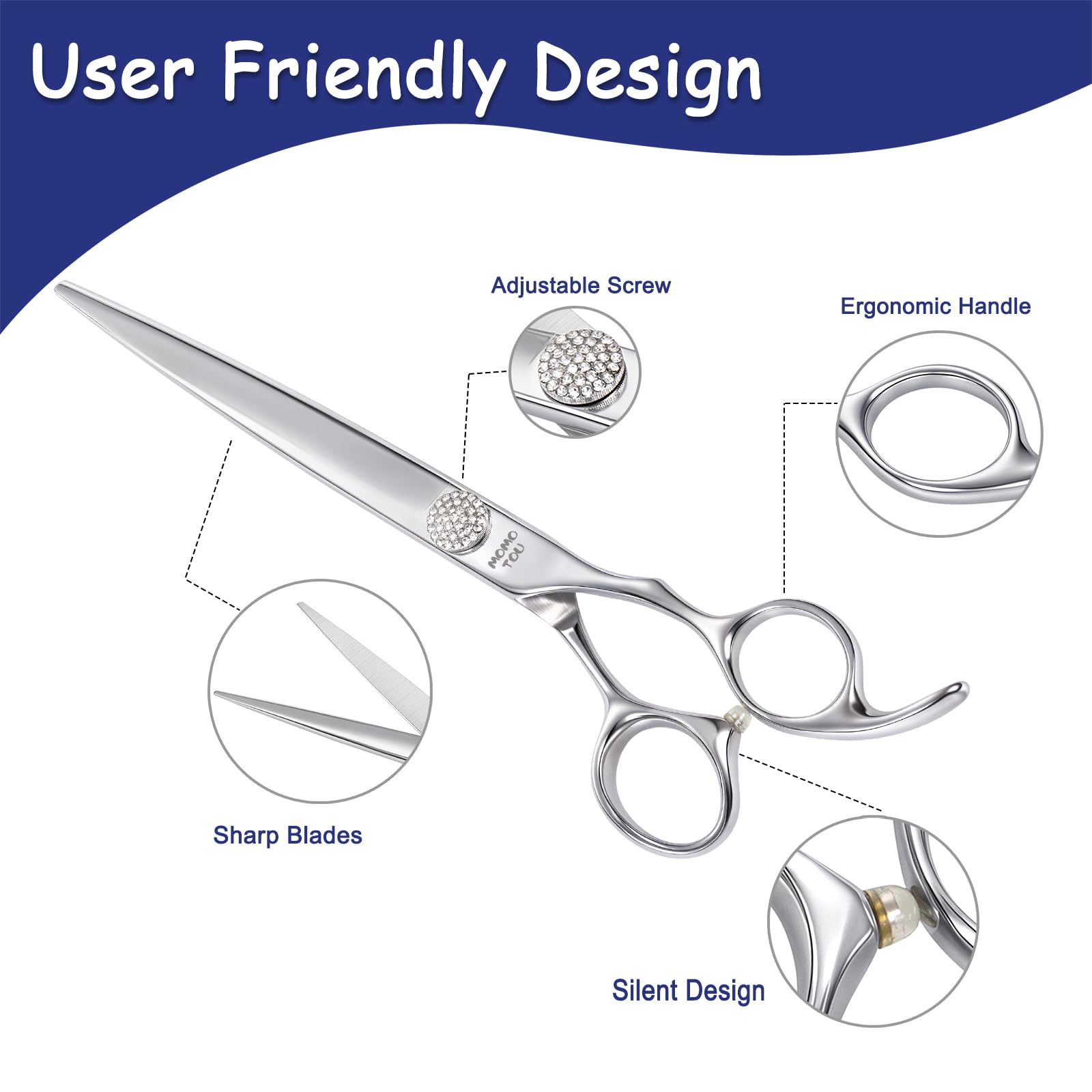 Momotou Professional Straight Dog Grooming Scissors With Simulation Diamond 440C Stainless Steel Polished Pet Cat Hair Cutting S