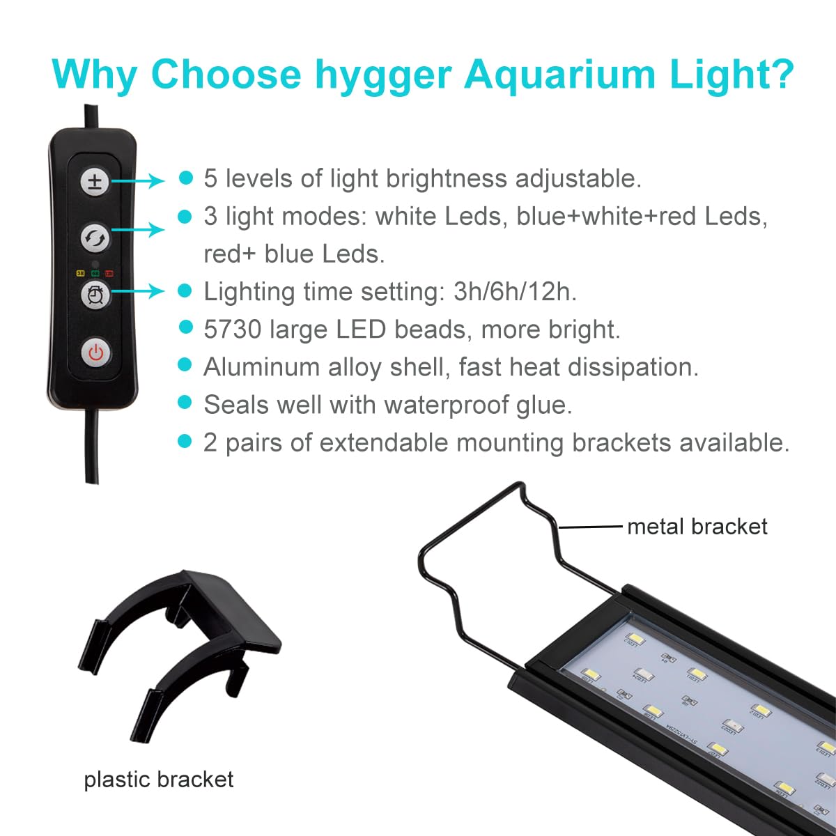 Hygger 32W Full Spectrum Aquarium Light With Aluminum Alloy Shell Extendable Brackets, White Blue Red Leds, External Controller,
