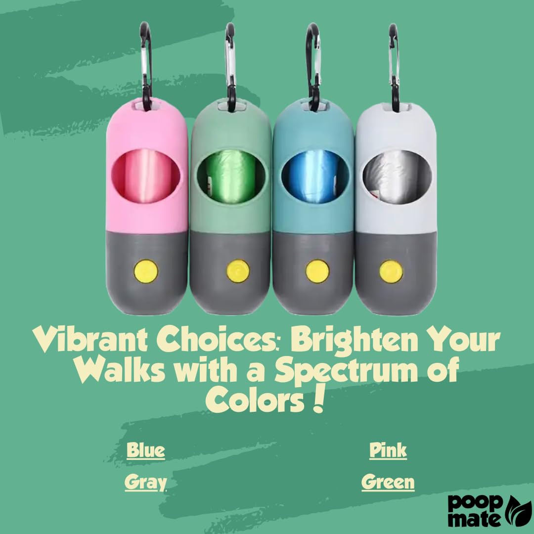 Poop Mate Dog Poop Bag Dispenser With Led Flashlight For Night Walks - Leash Clip & Metal Carabiner - Pet Waste Bag Holder Inclu