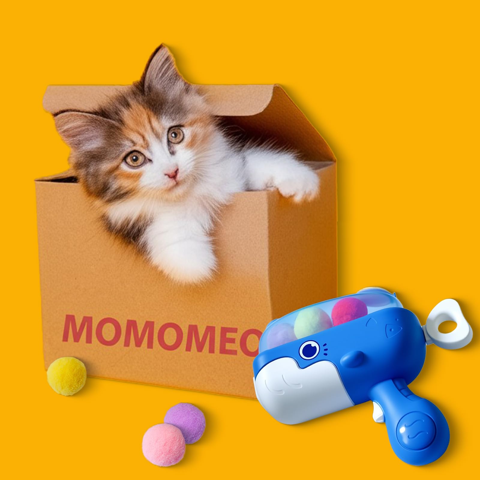 Momomeo 49Pcs Cat Ball Toy Launcher Gun, Cat Ball Fetch Toys, 40 Pcs Larger Silent Plush Pom Pom Balls With 1 Toy Launcher Gun F