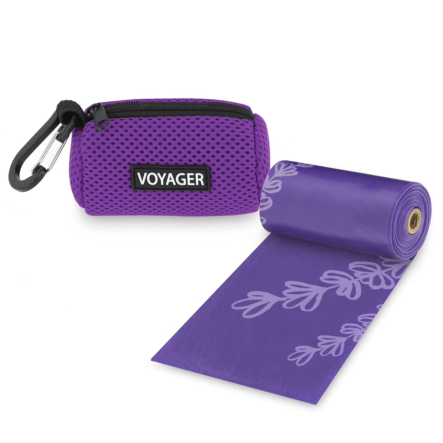 Best Pet Supplies Dog Poop Bag Holder Leash Attachment With 15 Bags, Purple, Reusable Mesh Dispenser Pouch For Travel, Walking, 