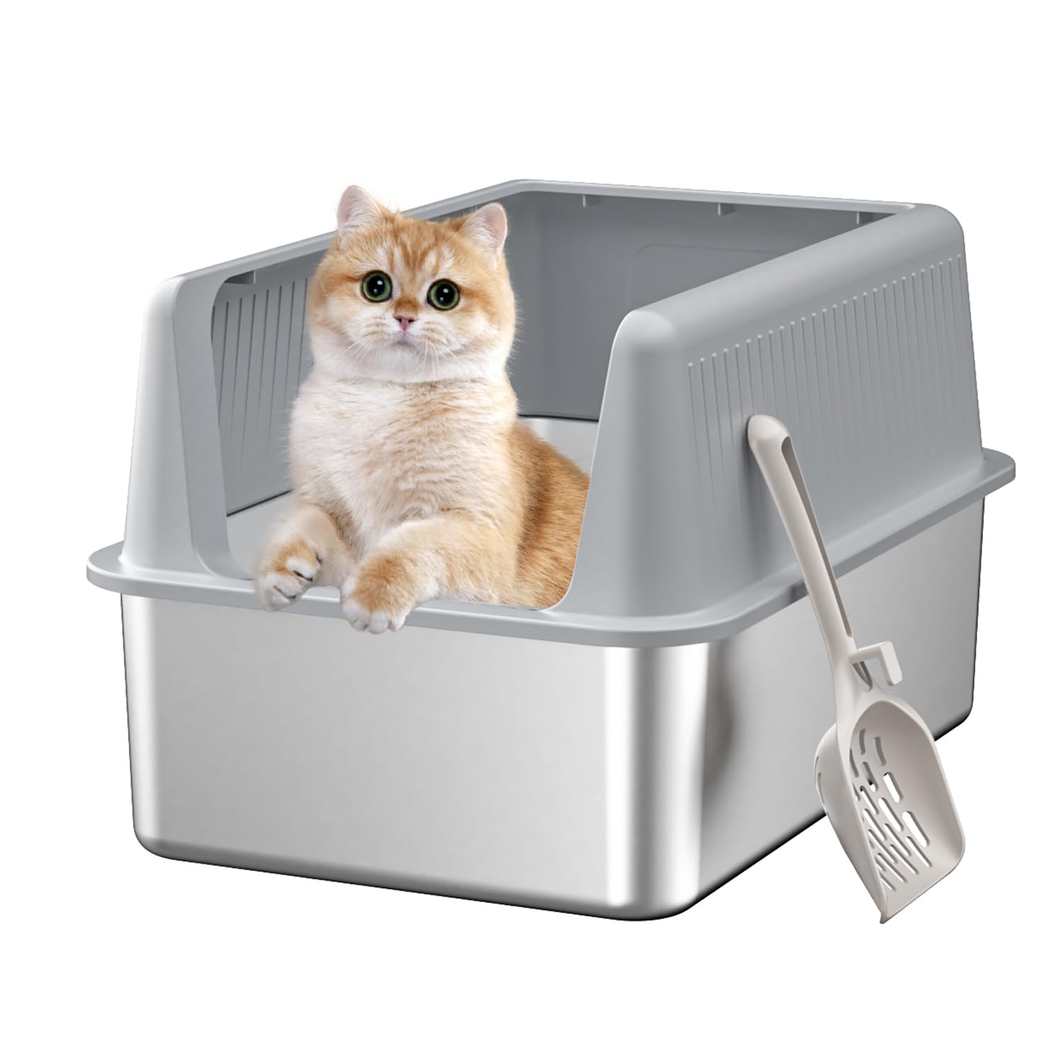 Stainless Steel Cat Litter Box With Lid,Xl,19.7    L X 13.8    W X 11.8   H Deep,Large Metal Litter Box With High Side,For Small