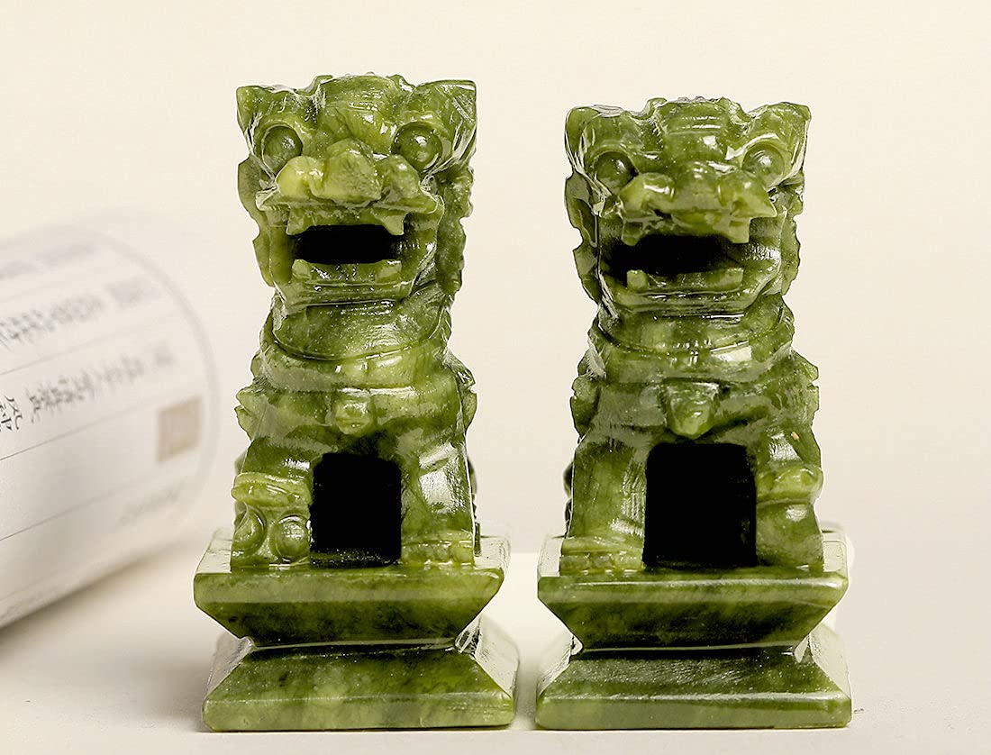A Pair Natural Green Jade Carved Feng Shui Fu Foo Dog Guardion Door Lion (2.8'' H X 1.8'' L X 1.2'' W (Inch) 0.7Lb)