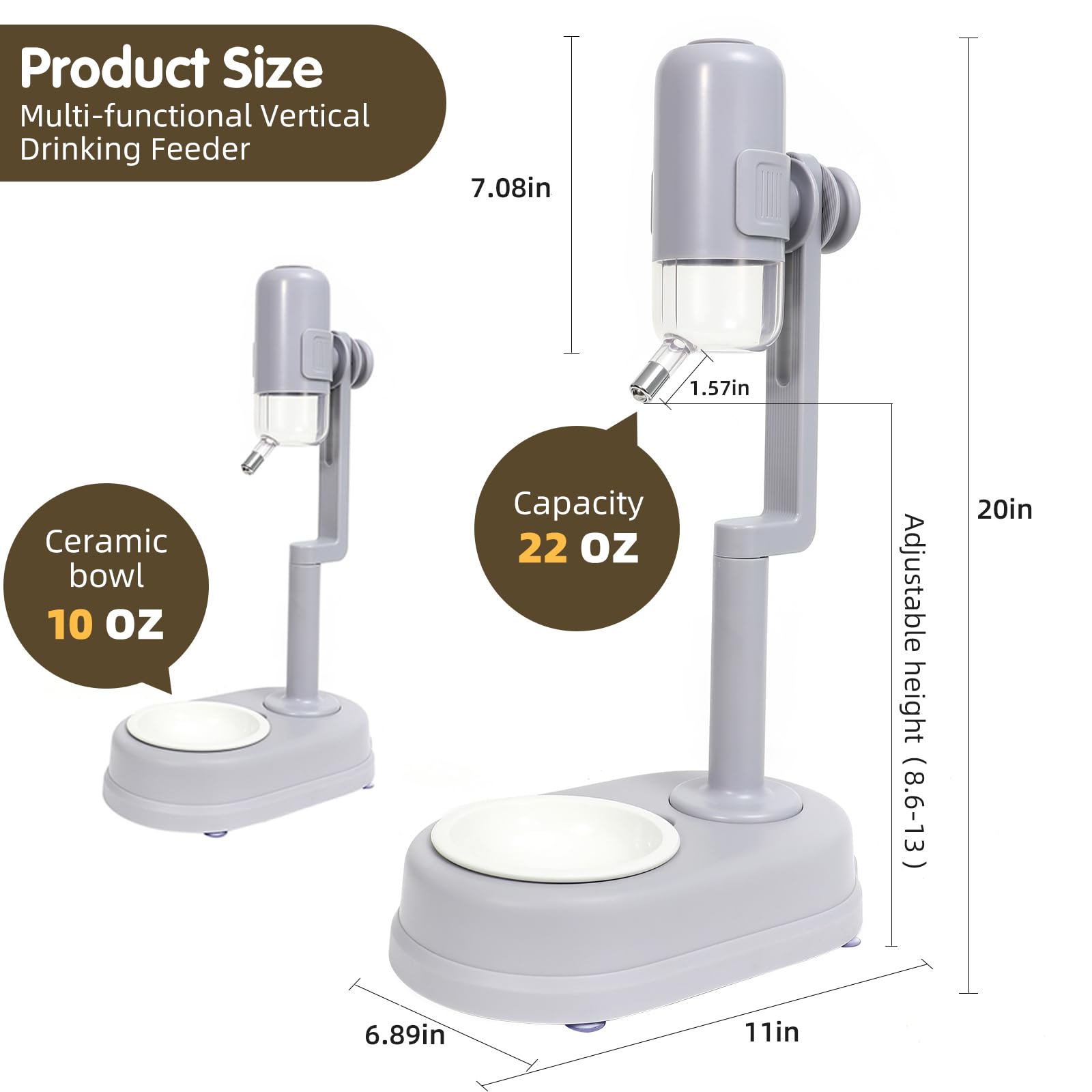 Pet Standing Water Dispenser Cat Dog Standing Ceramic Bowl Automatically Feeding Water Height Adjustable Detachable Pole (White-