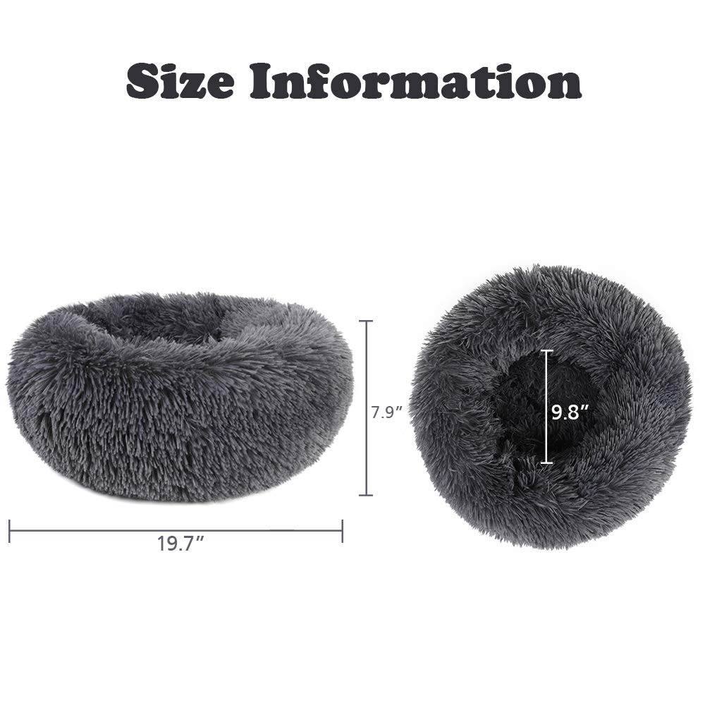 Otoez Round Plush Donut Pet Bed Warm Fur Cuddler Dog Cat Cushion Bed Calming Bed Non-Slip Bottom (19.7', Dark Grey)