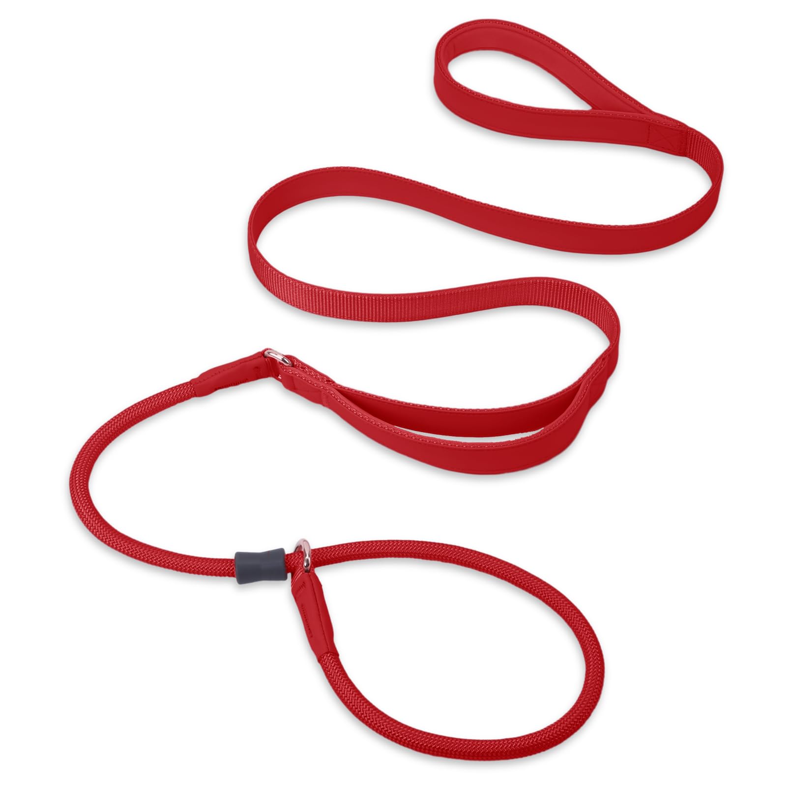 Aaufilux Slip Lead Dog Leash, Double Handle, Soft Leather, Heavy Duty Nylon, No Pull Walking, 5Ft Red