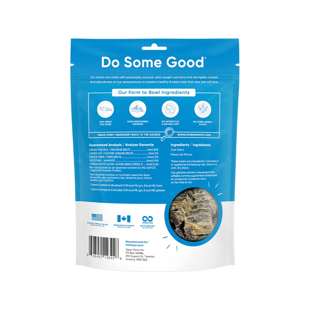 Open Farm Dehydrated Cod Skin Grain-Free Dog Treats, One-Ingredient Gently Cooked Pacific Fish Recipe with No Artificial Flavors