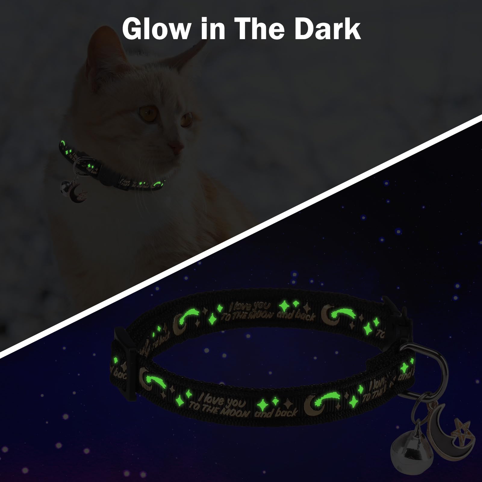 Dillybud Cat Collar With Bells Breakaway, 3 Pack Moon And Star Cat Collar Reflective, Cute Kitten Collars With Pendant Glow In T