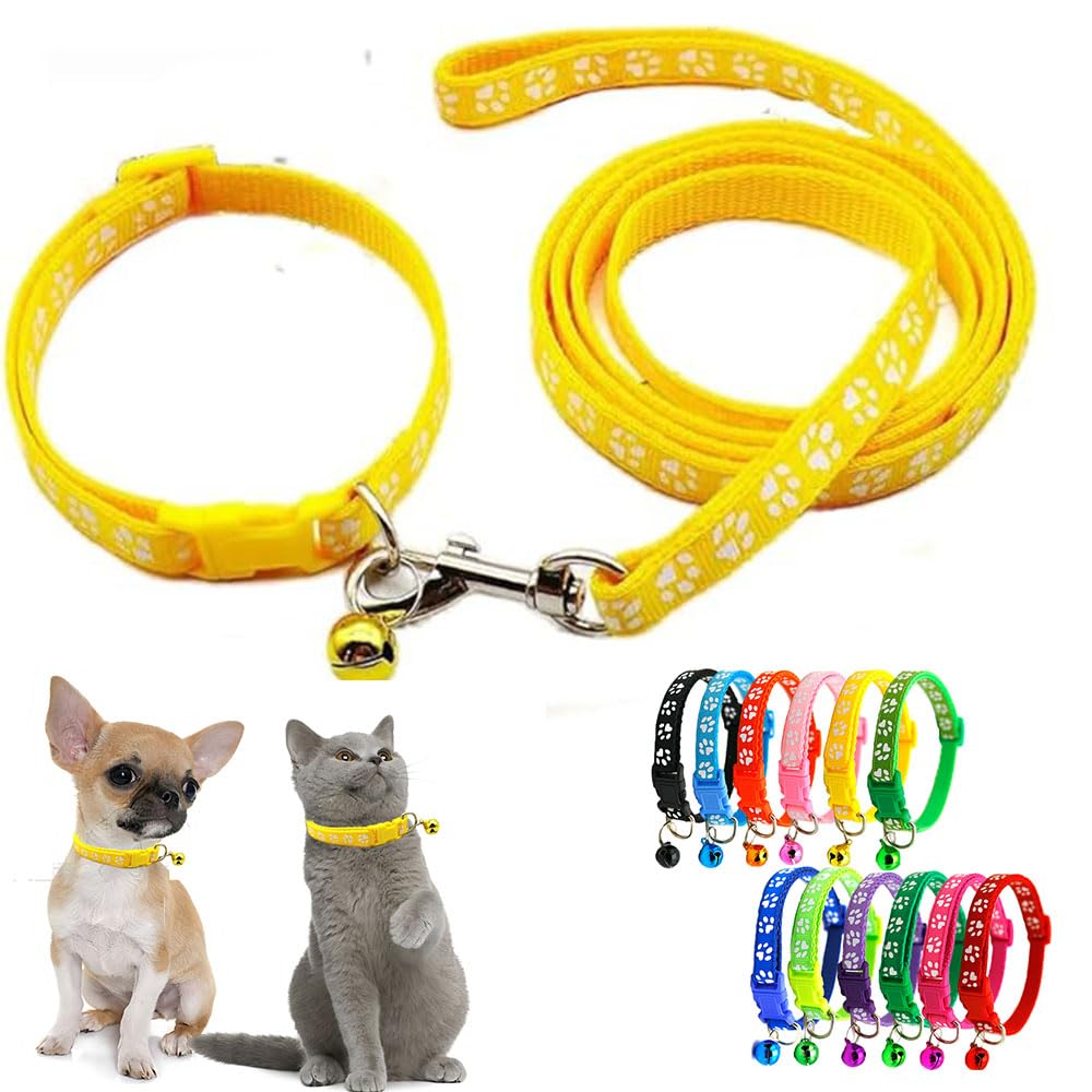 Yellow Small Cat Collar With Bell,Nylon Basic Reflective Puppy Collars Paw Print For Xxs Xs Small Dog Pet Animal Litter Tiny Kit
