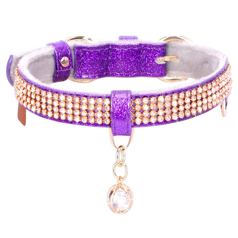Petshome Cat Collar, Dog Collar, [Bling Rhinestones] Premium Pu Leather With Pendant Adjustable Collars For Cat And Small Dog Extra Small Purple