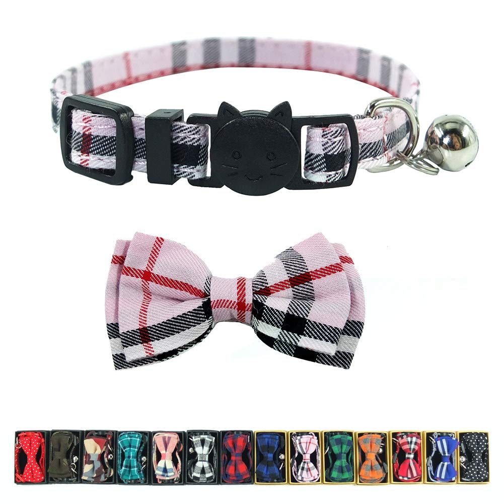 Cat Collar Breakaway with Bell and Bow Tie, Plaid Design Adjustable Safety Kitty Kitten Collars(6.8-10.8in) (Pink Plaid 1)