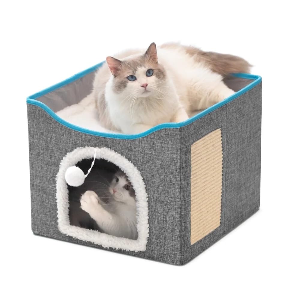 Fluffy Paws Store Cat Beds For Indoor Cats - Large Cat Cave For Pet Cat House With Fluffy Ball Hanging And Scratch Pad, Foldable