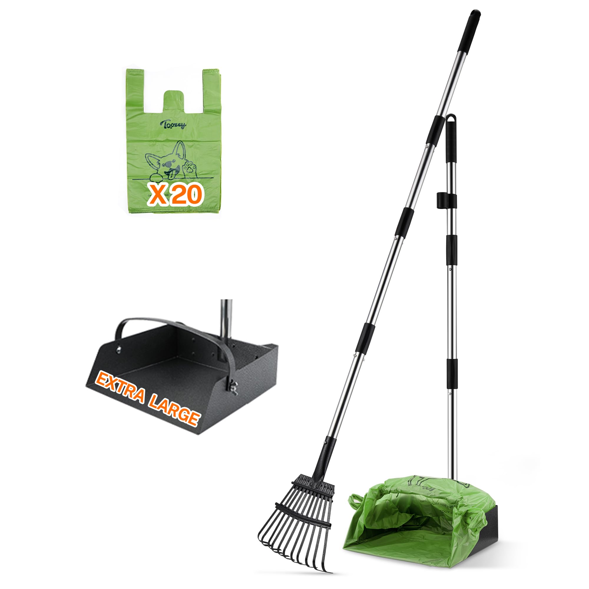 Toozey Upgrade Dog Pooper Scooper With Extra Large Stainless Metal Poop Tray & 54.33'' Long Handle Rake Scoop, Easy Waste Cleanu