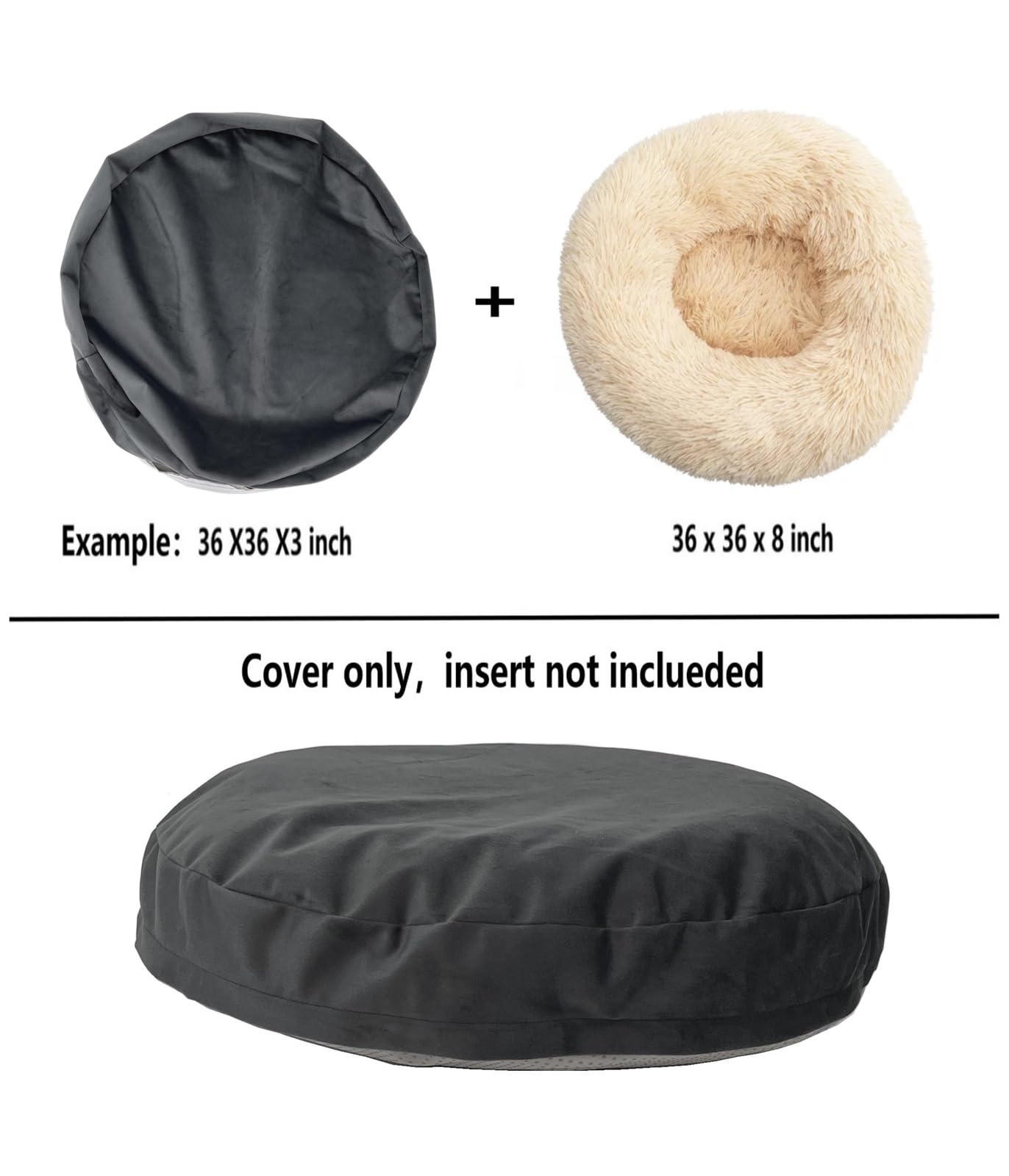 Waterproof Round Dog Bed Cover With Zipper Faux Fur Donut Dog Bed Replacement Cover Only 24 Inch Grey Velvet