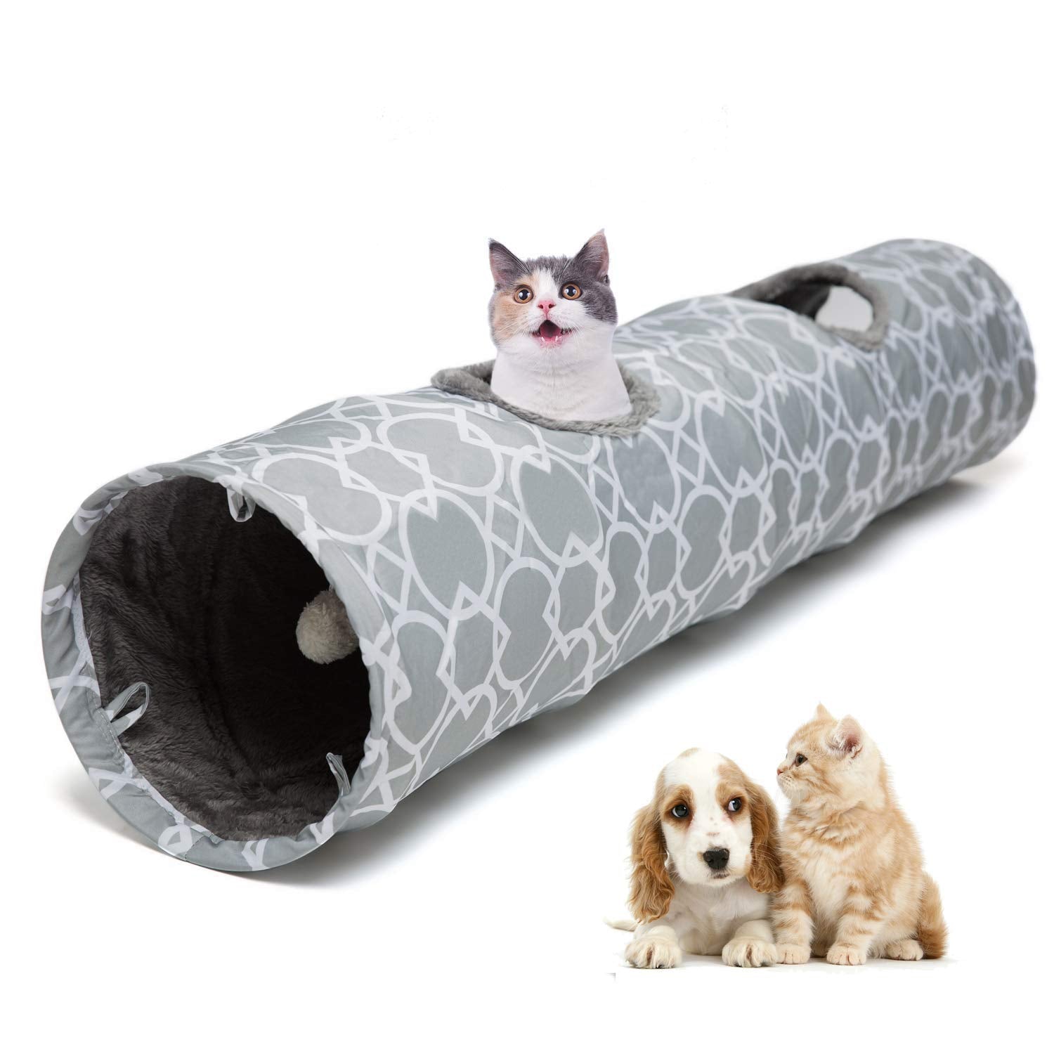 Luckitty Geometric Straight Cat Tunnel With Plush Inside,Cats Toys Collapsible Tunnel Tube With Balls, For Rabbits, Kittens, Fer