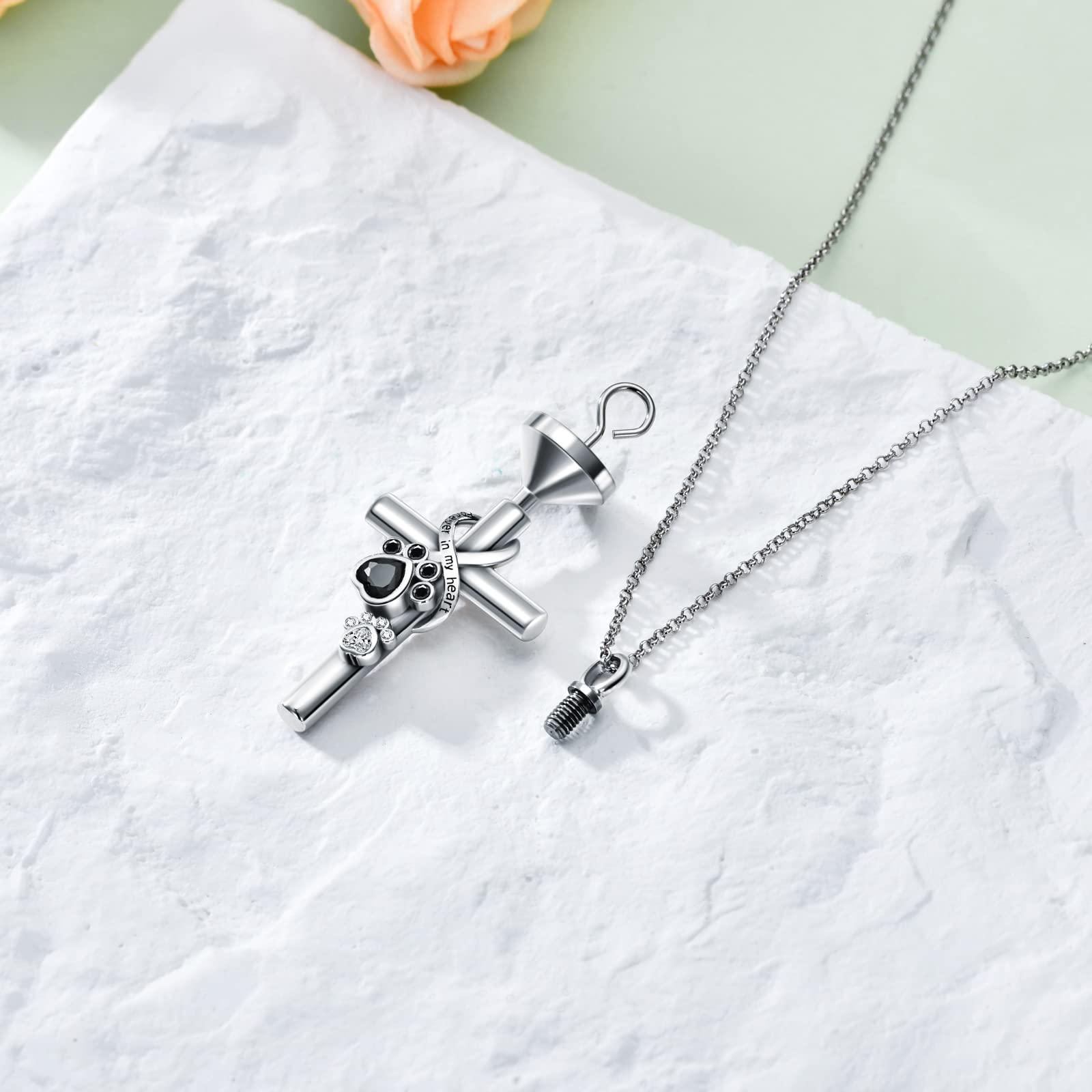 Flpruy Pet Cremation Jewelry - Animal Paw Print Memorial Cross Ashes Necklaces For Dog, Cat, Forever In My Heart