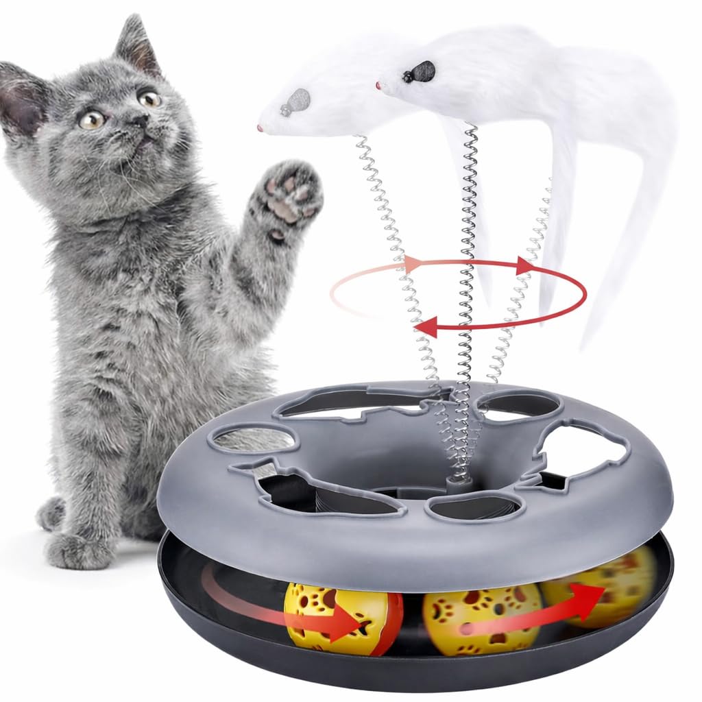 Bohobark Cat Happy Circle With Bell Ball And Teasing Feather Mouse Attached For Cats And Kittens (Color May Vary) | Interactive 