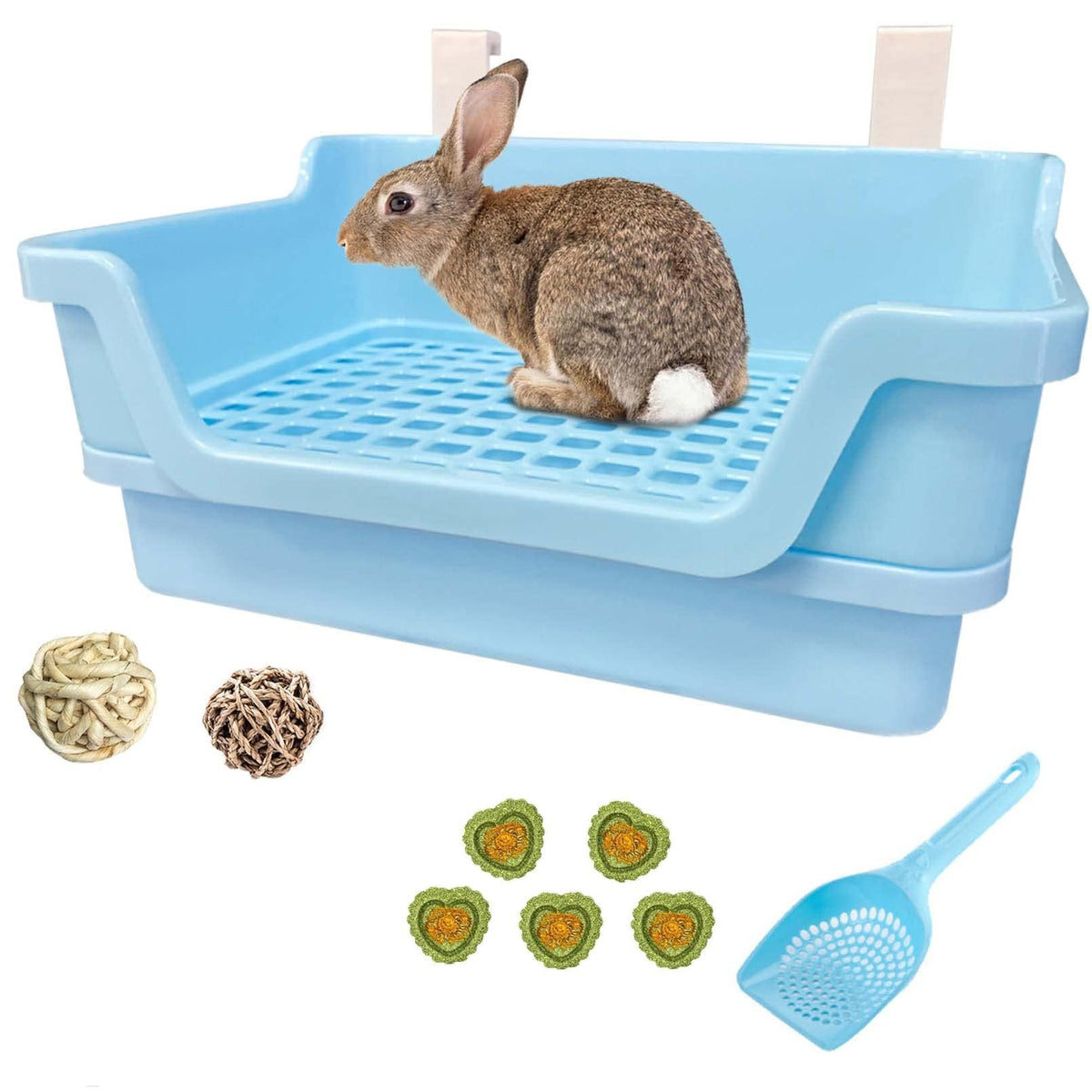 Pinvnby Large Rabbit Litter Box Deep Bunny Corner Toilet Box Double-Deck Small Animal Potty Trainer With Hooks For Adult Guinea Pig Chinchilla Ferret Chipmunk(Blue)