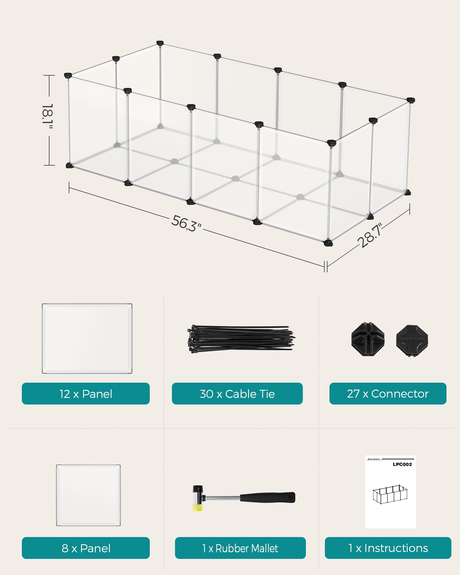 Songmics Pet Playpen With Floor, Small Animal Pen, Pet Fence Indoor, Diy Plastic Enclosure For Hamsters, Rabbits, Hedgehogs, Ferrets, 56.3 X 28.7 X 18.1 Inches, White Ulpc02W